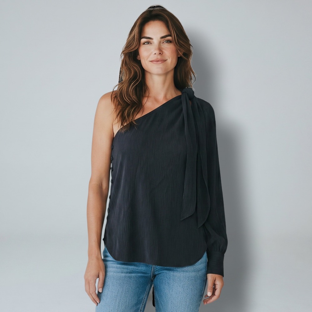 AG Adriano Goldschmied Blouse Womens Small S One Shoulder Tie Neck Plisse